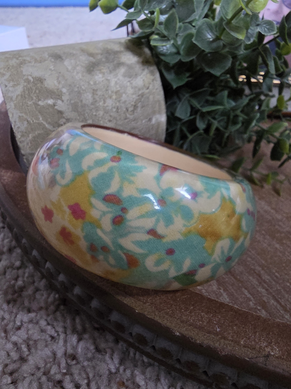Floral Pattern Wide Bangle Bracelet in Turquoise and Yellow
